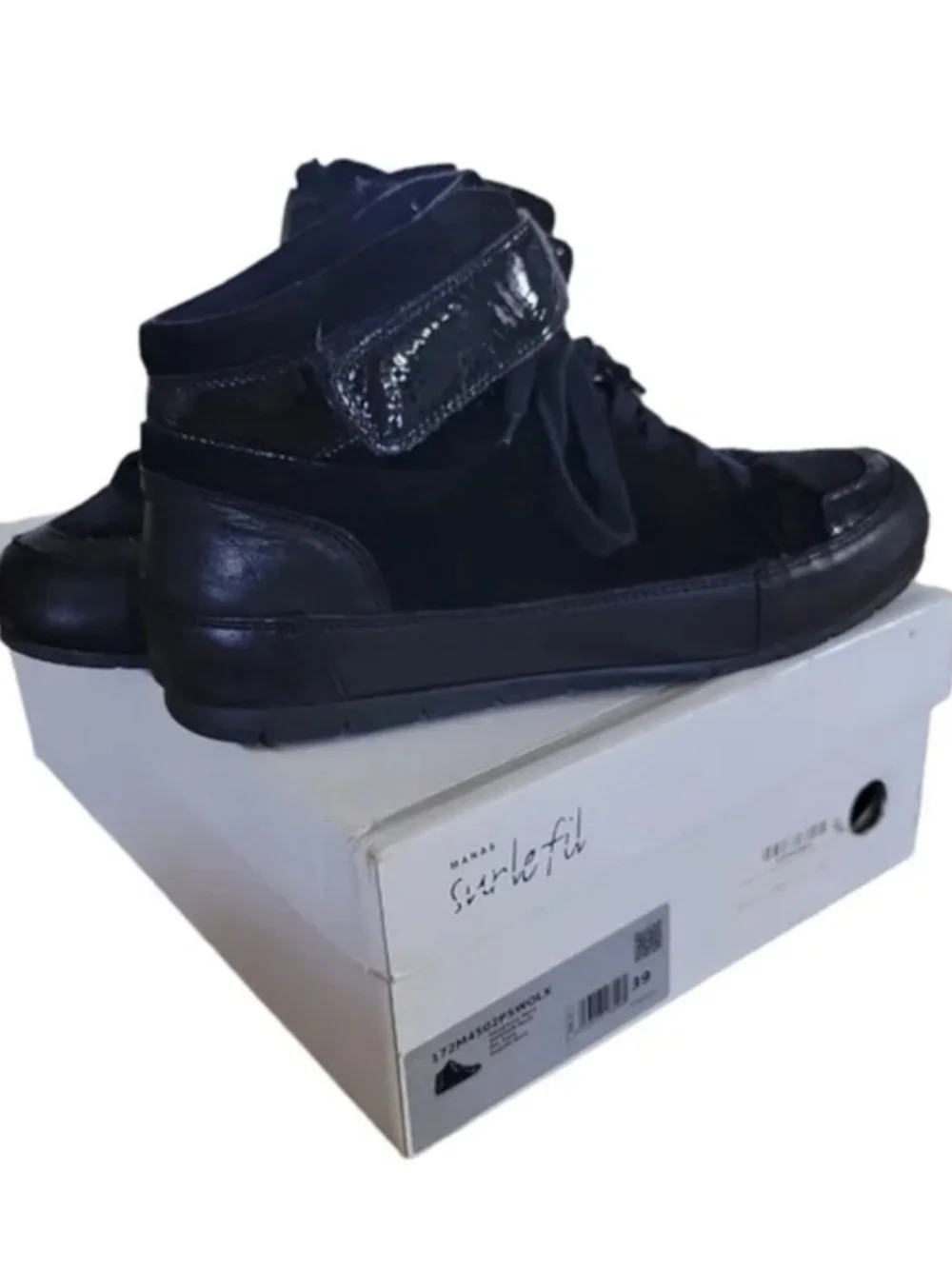 Women’s Black High-Top Lace-Up Sneakers with Glossy Ankle Strap